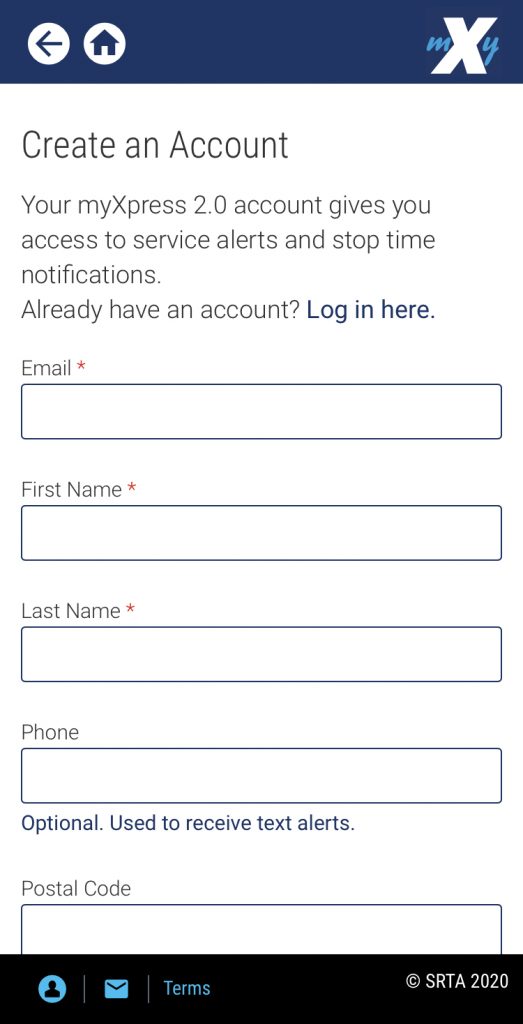 Create Account image. Enter your email address, First Name, Last Name, which are all require. At your option you may enter your phone number which is used to receive text alerts to your phone.